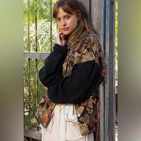 NEW POL Black Tan Jacquard Floral Printed Shacket Shirt Jacket Size Large - Picture 6 of 6